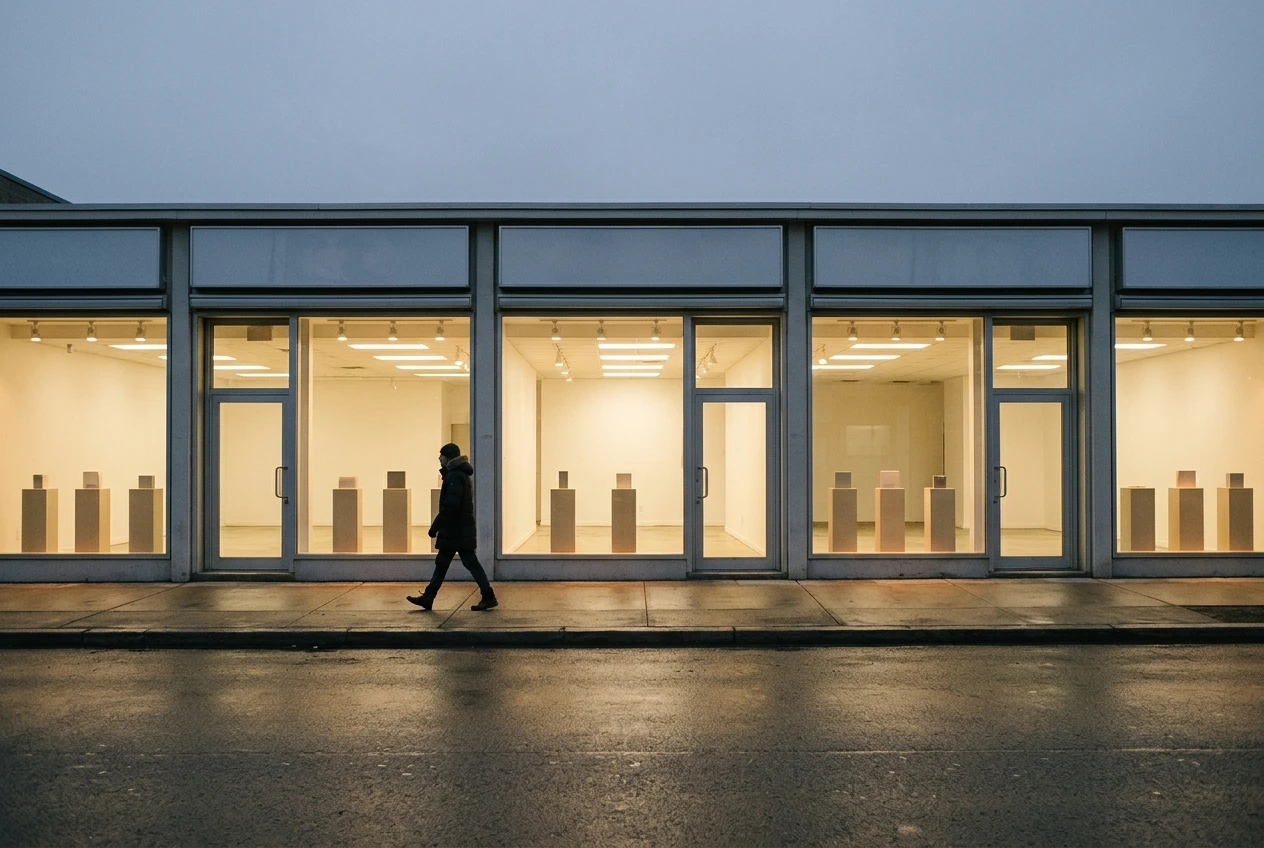 A row of identical, brightly lit shop fronts on a quiet street, each with the same window display and empty interior, and a single lone passerby walking past without stopping, under flat grey-blue evening light.