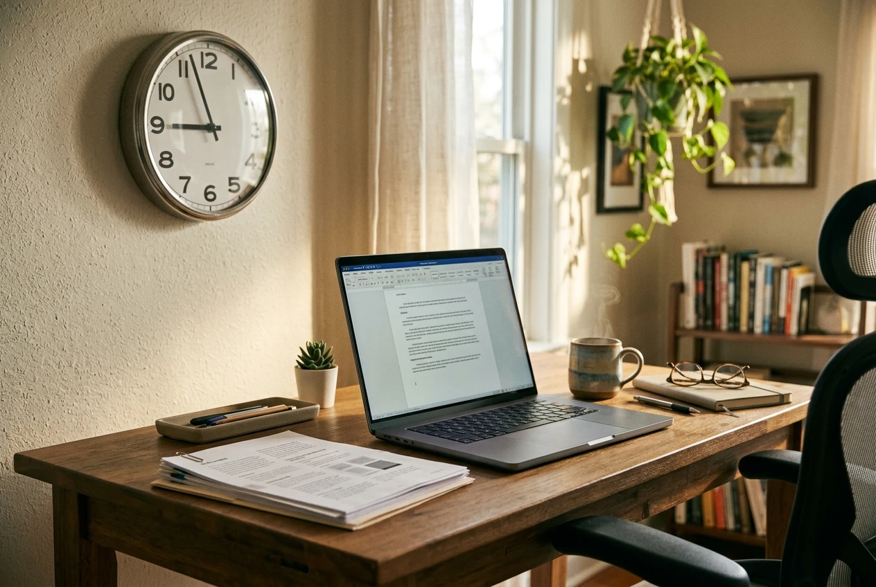 A freelance writer's workspace with a tidy desk, a laptop showing a drafted document, a small stack of printed work samples, a mug of coffee and a wall clock in warm morning light, conveying trading hours for paid work.