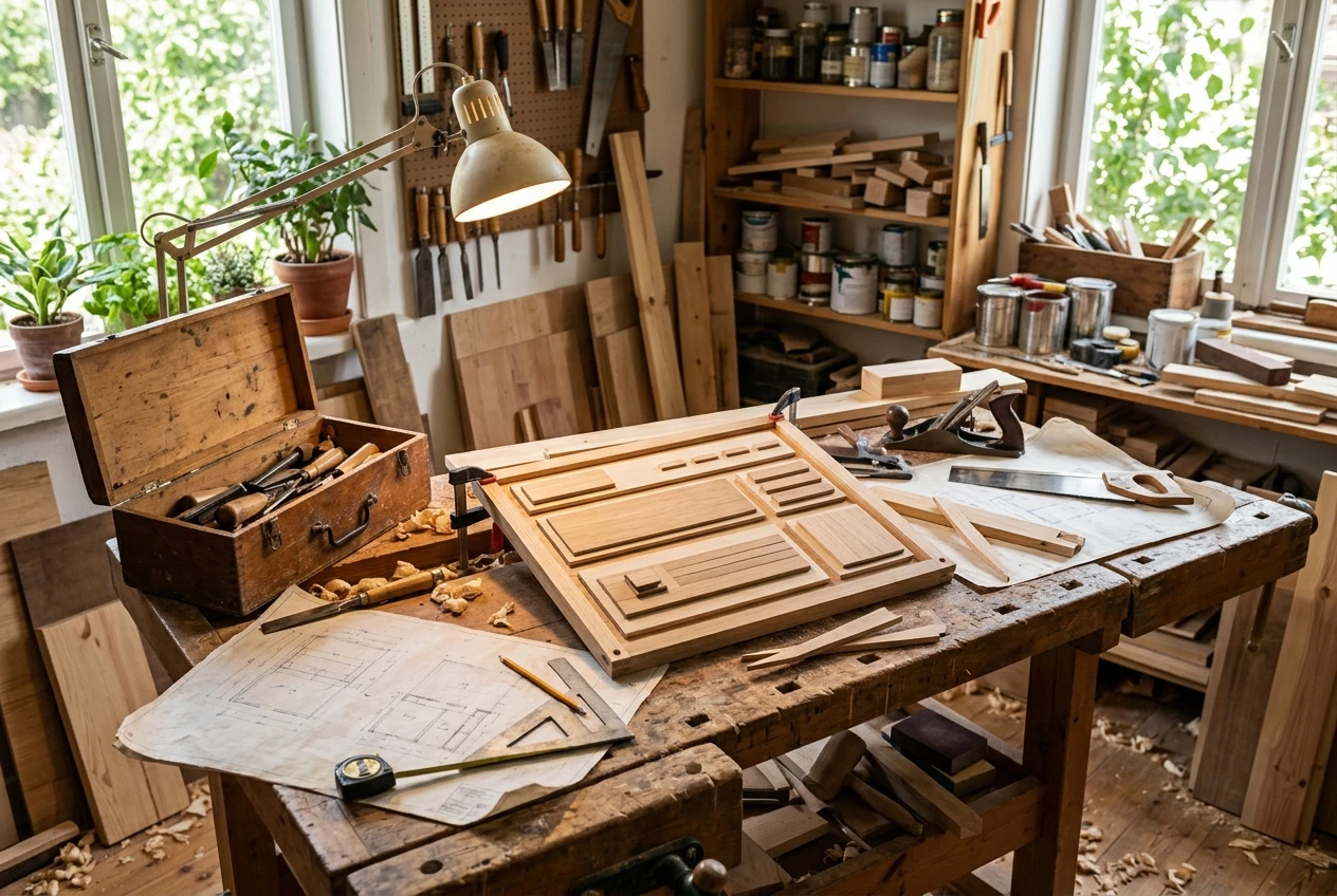 A single sturdy workbench in a bright workshop with a toolbox, a half-built wooden website-shaped signboard, a blueprint and a lamp, showing all the tools in one place while the finished piece still needs the builder's hands. Warm light with green and wood tones.