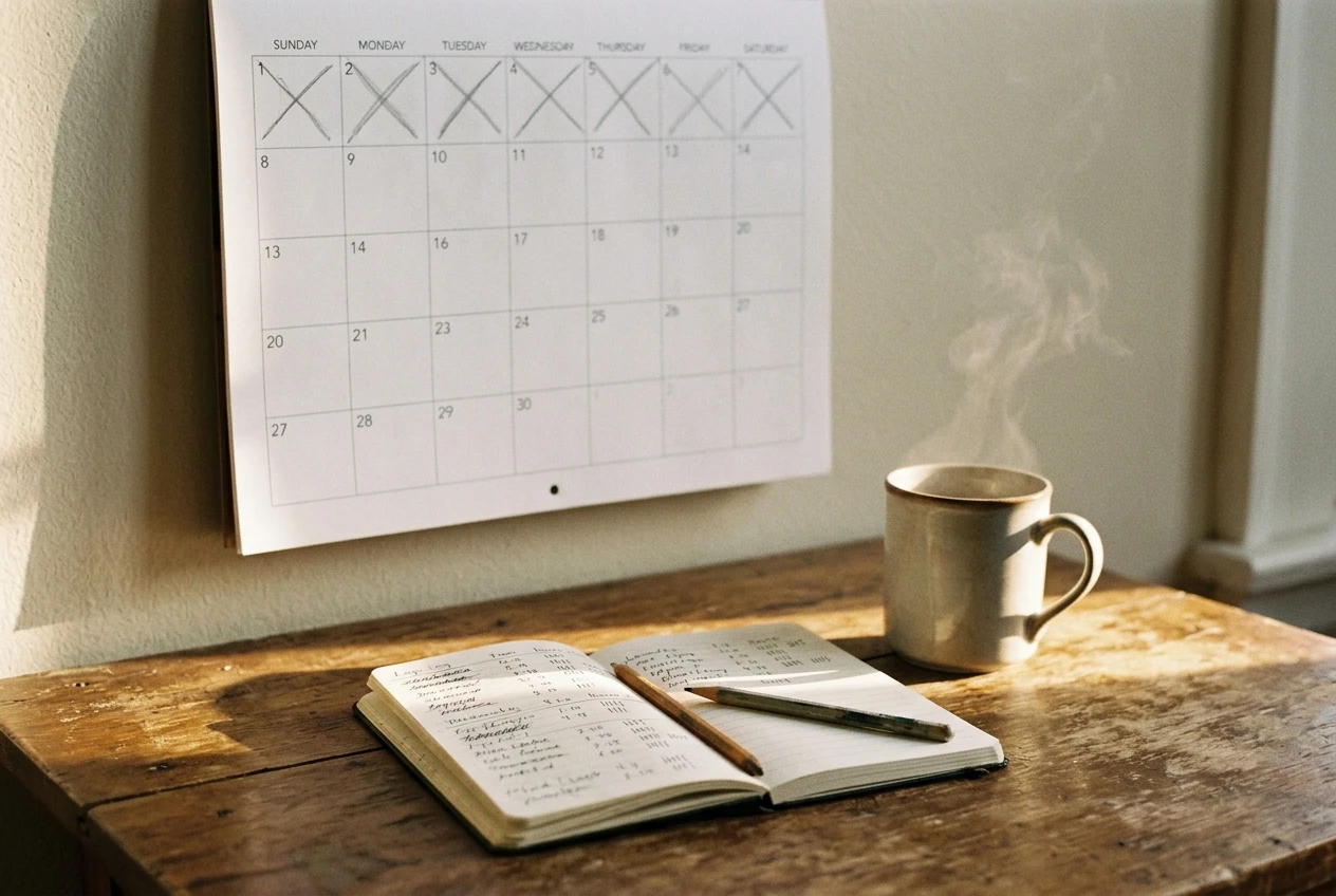 A wall calendar covering one month with the first week's days crossed off in pencil, next to a small notebook logging hours and tasks and a mug on a wooden desk, lit by early morning sunlight, showing steady output being tracked.