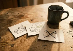 Three small handwritten goal cards fanned out on a wooden kitchen table beside a coffee mug in warm morning light: one sketched with a house, one with a laptop by a window, one wi
