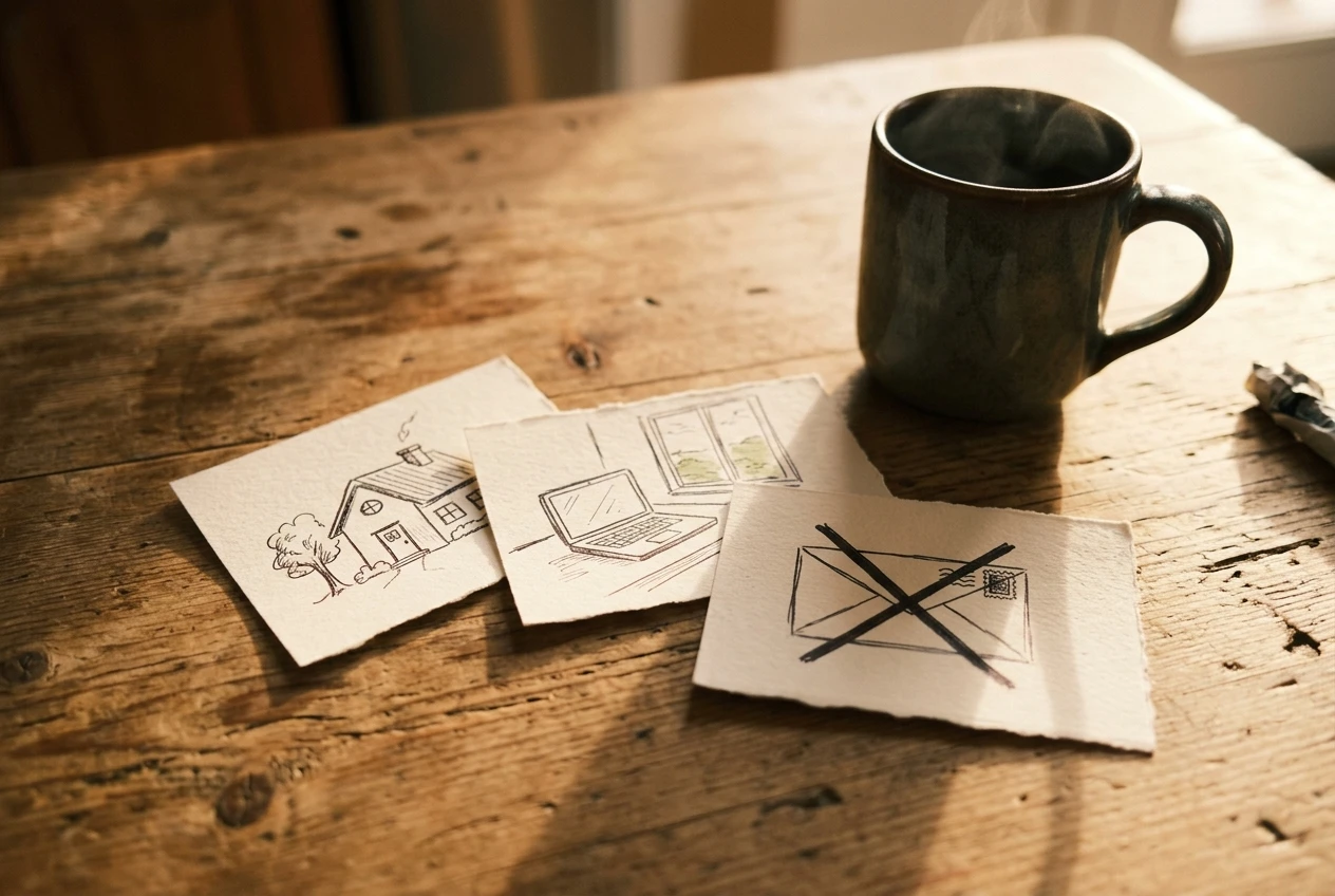 Three small handwritten goal cards fanned out on a wooden kitchen table beside a coffee mug in warm morning light: one sketched with a house, one with a laptop by a window, one with a single paycheck envelope crossed out, showing different reasons for wanting online income.