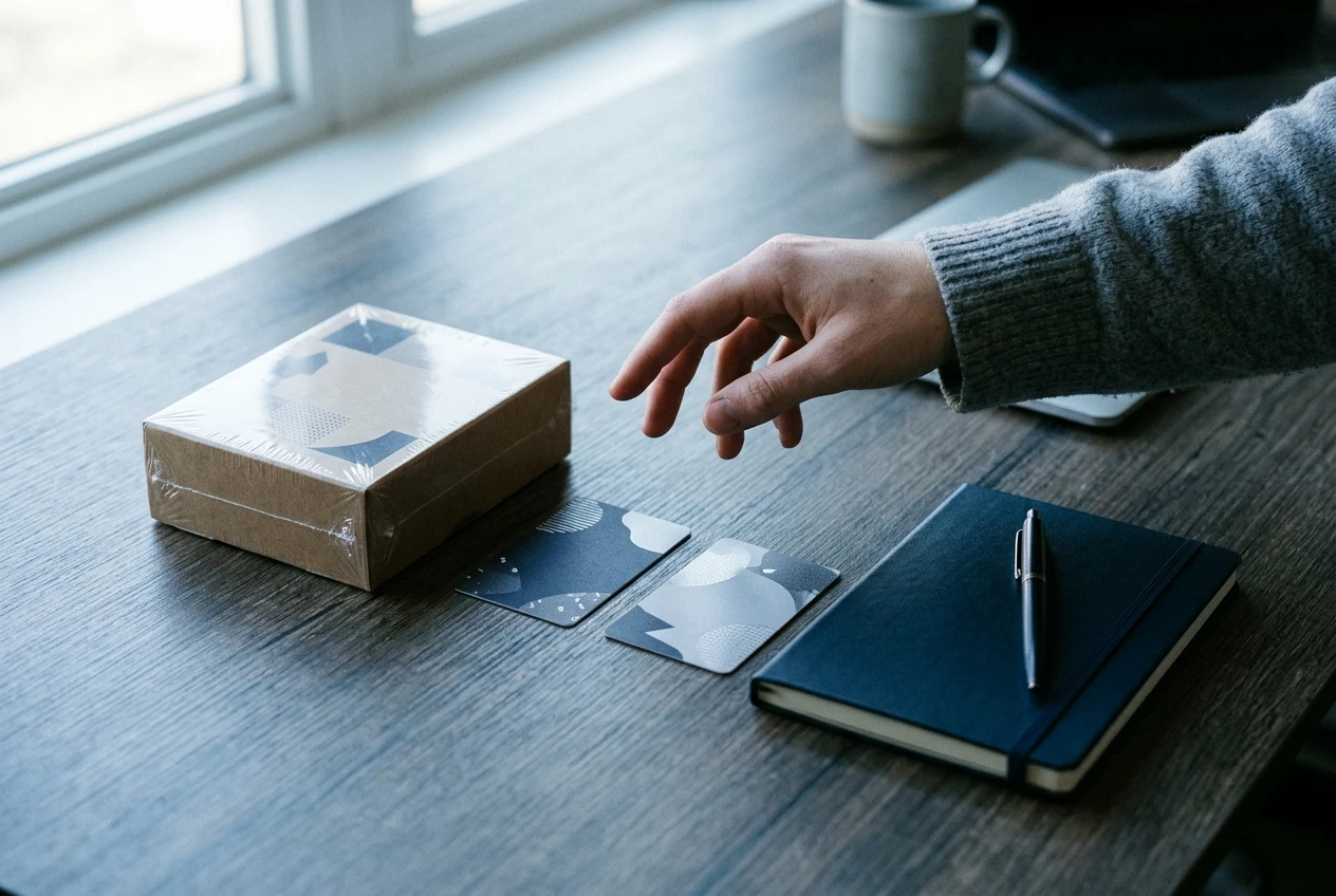 A desk with an unopened boxed course, a tool subscription card, and a membership card lined up beside a closed notebook and a pen, a hand hovering as if pausing before choosing, cool daylight from a side window, muted blues and greys suggesting hesitation before spending.