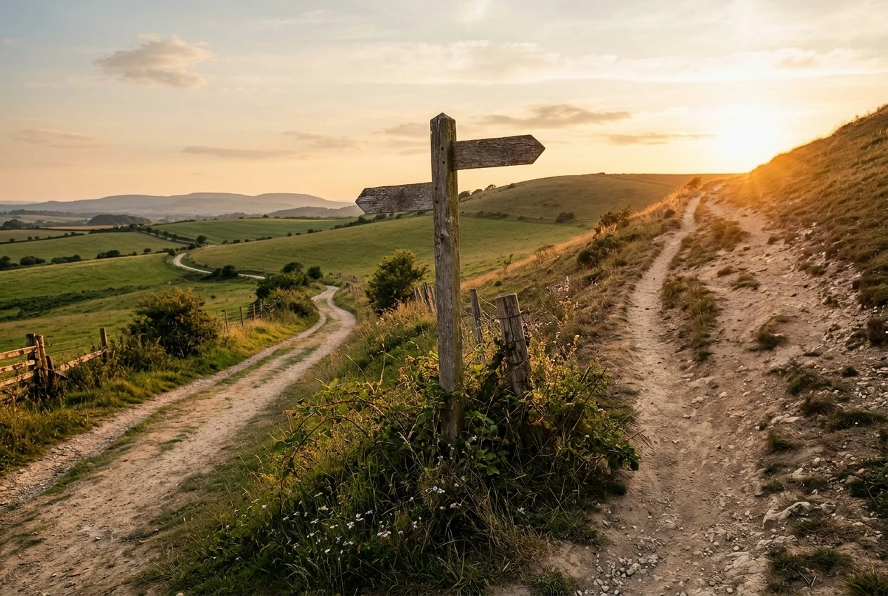 A fork in a quiet countryside path at golden hour, one trail wide and steady winding through green fields toward distant hills, the other a short bright steep shortcut up a bare slope, with a wooden signpost with blank arms at the junction.